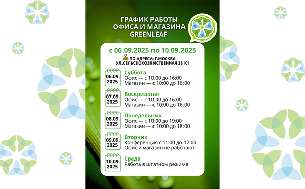 График работы офиса и магазина Greenleaf в Москве с 06.09.25 по 10.09.25